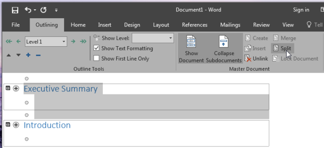 ms word 2016 split doc