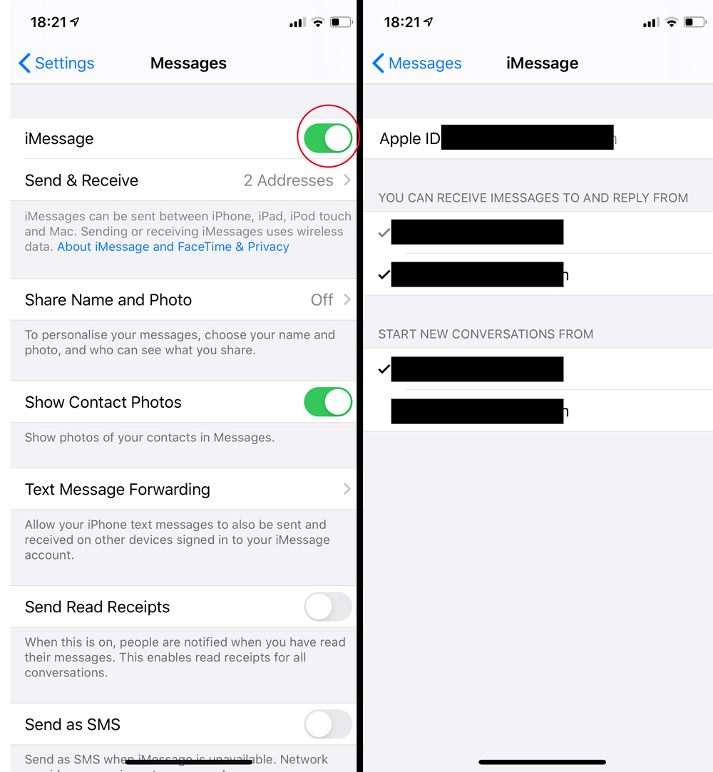 iMessage settings for iCloud account